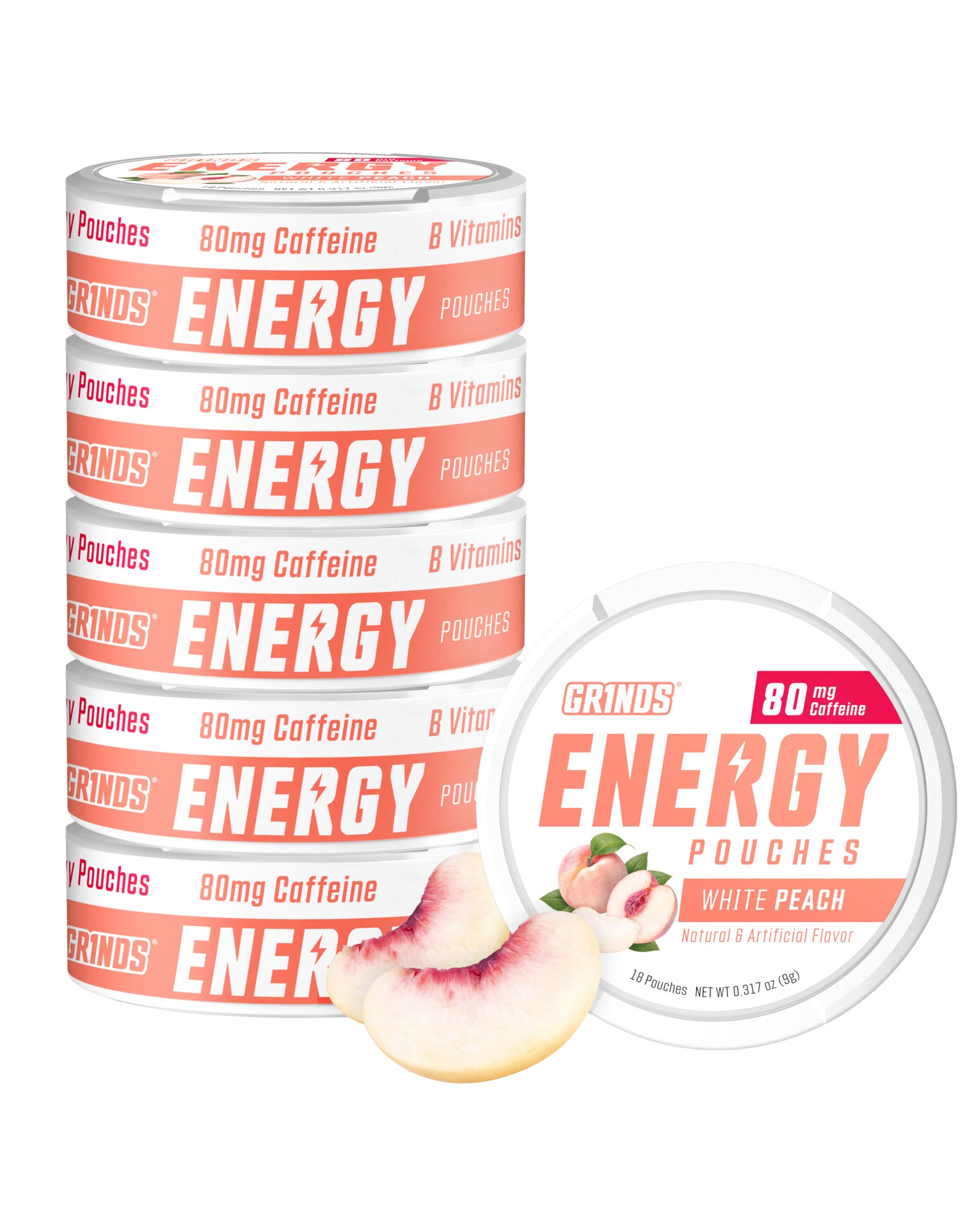 GRINDS Energy Pouches deliver 80mg caffeine for a quick focus boost.