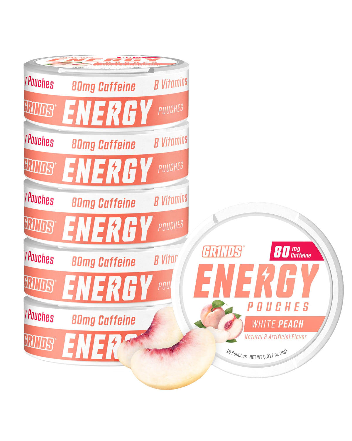 GRINDS Energy Pouches deliver 80mg caffeine for a quick focus boost.