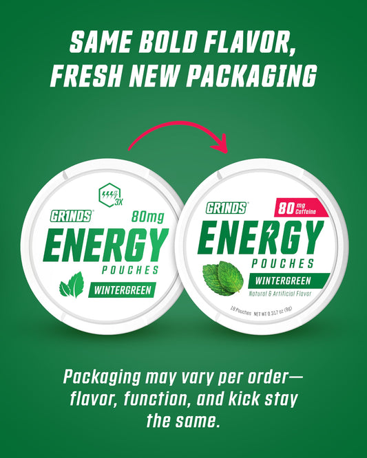 GRINDS Energy Pouches can-side view showing compact, discreet packaging for on-the-go energy.