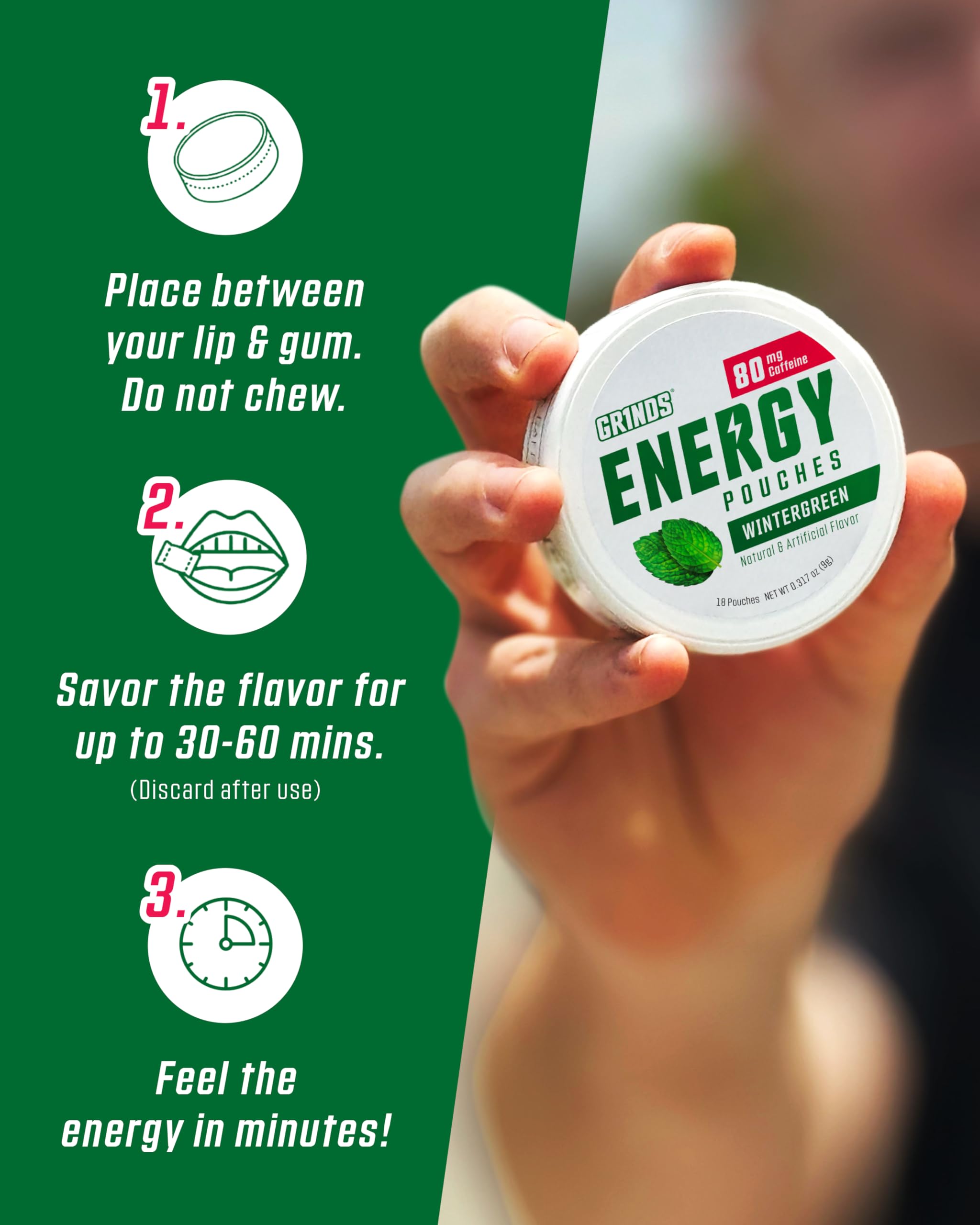 GRINDS Energy Pouches label-nutrition highlights 80 mg caffeine and B-vitamins in each can.