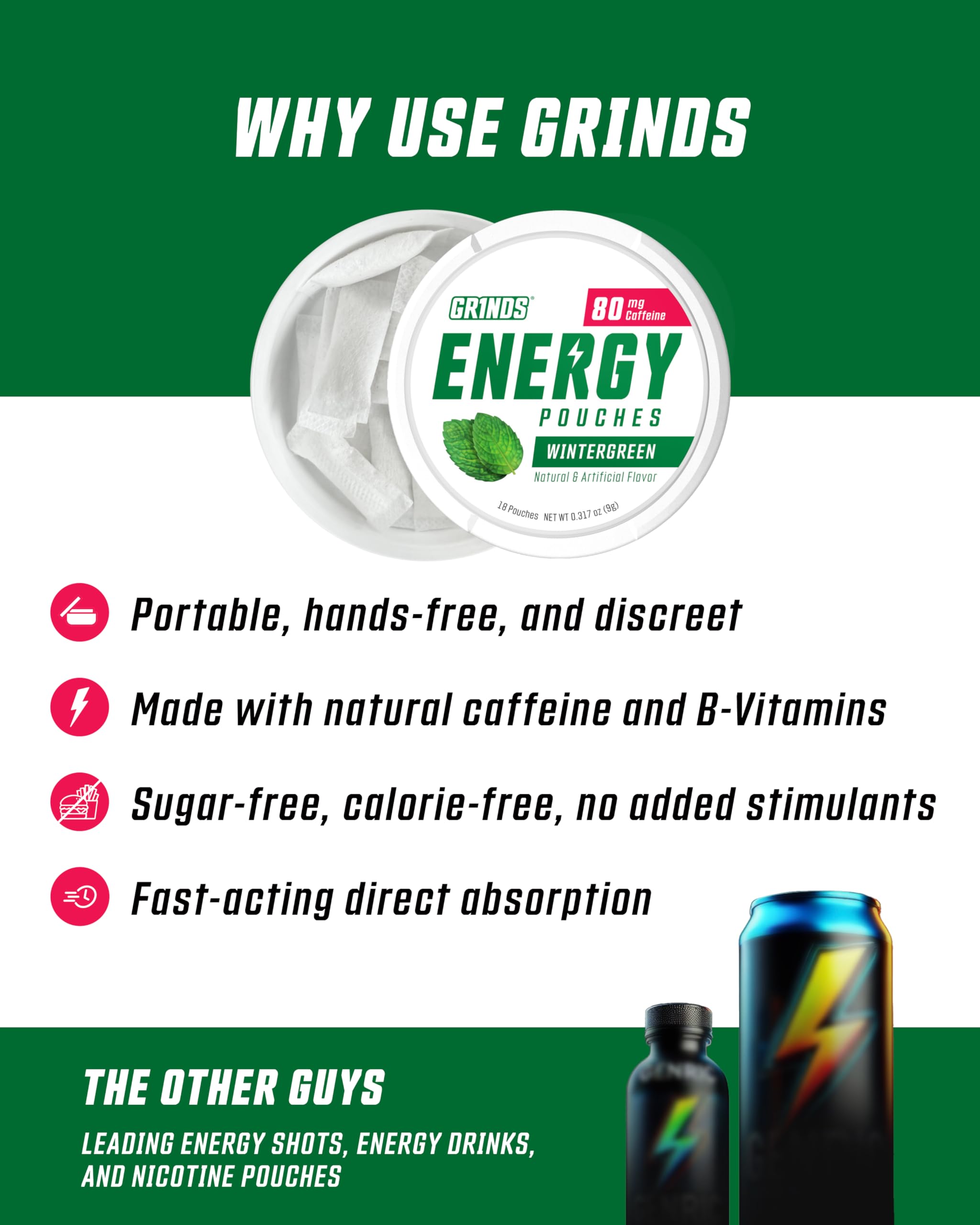GRINDS Energy Pouches pouch-out demonstrates portable, pocket-sized energy for travel or study.