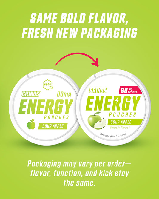 GRINDS Sour Apple pouch close-up showing discreet energy on the go