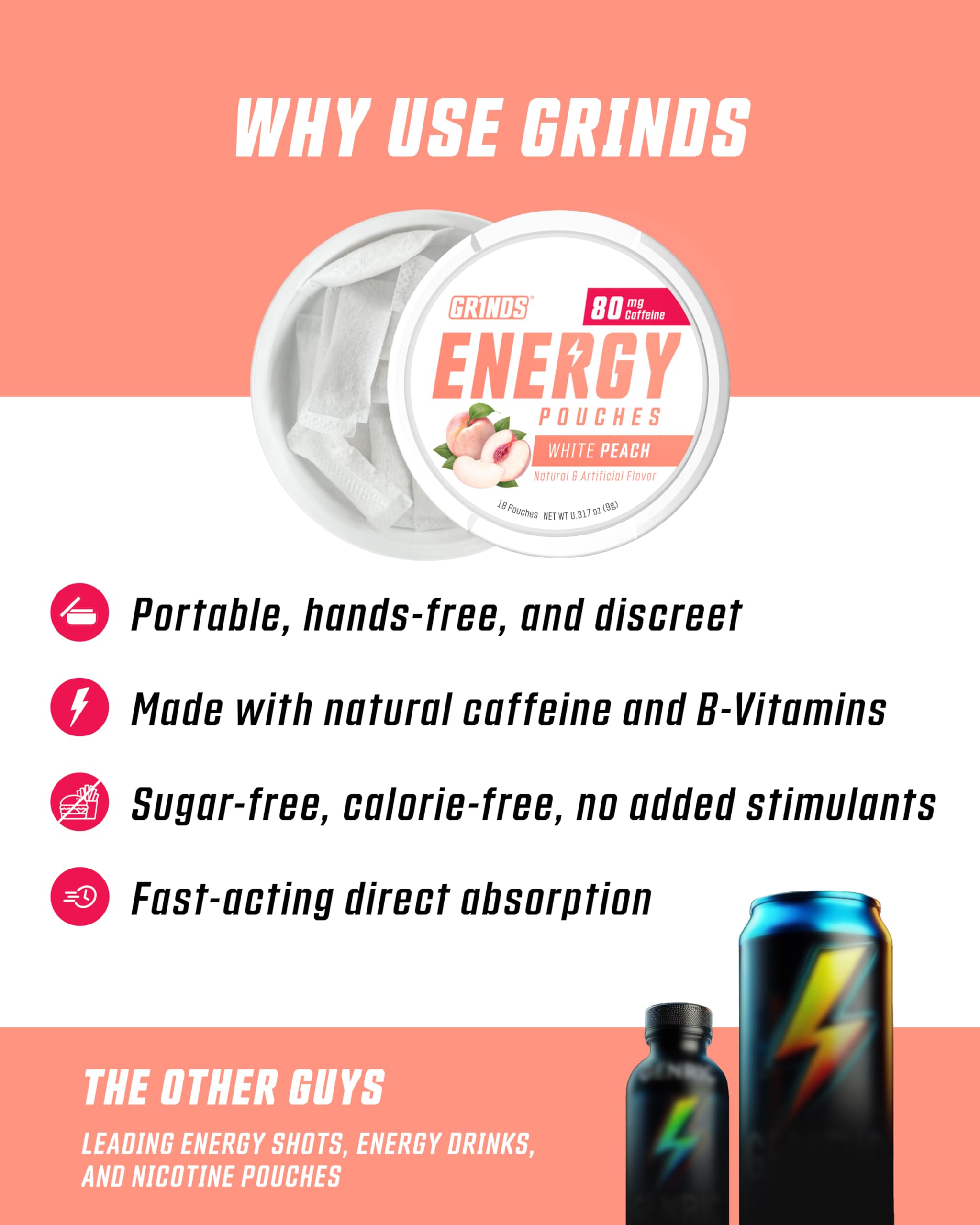 GRINDS White Peach flavored pouch for a fruity, sugar-free energy lift.