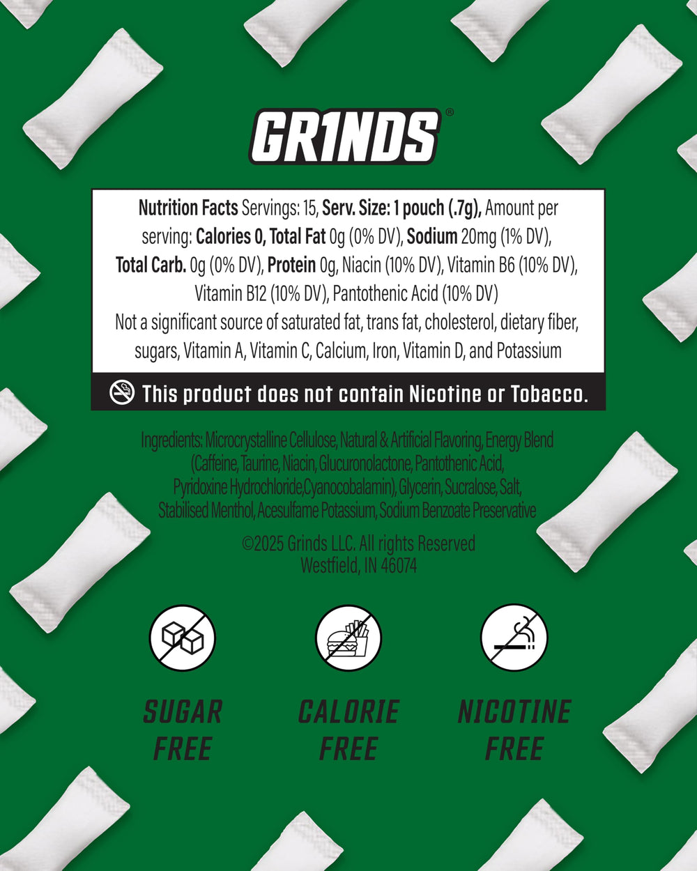 GRINDS Energy Pouches wintergreen-aroma suggests refreshing, minty finish with a smooth aftertaste.