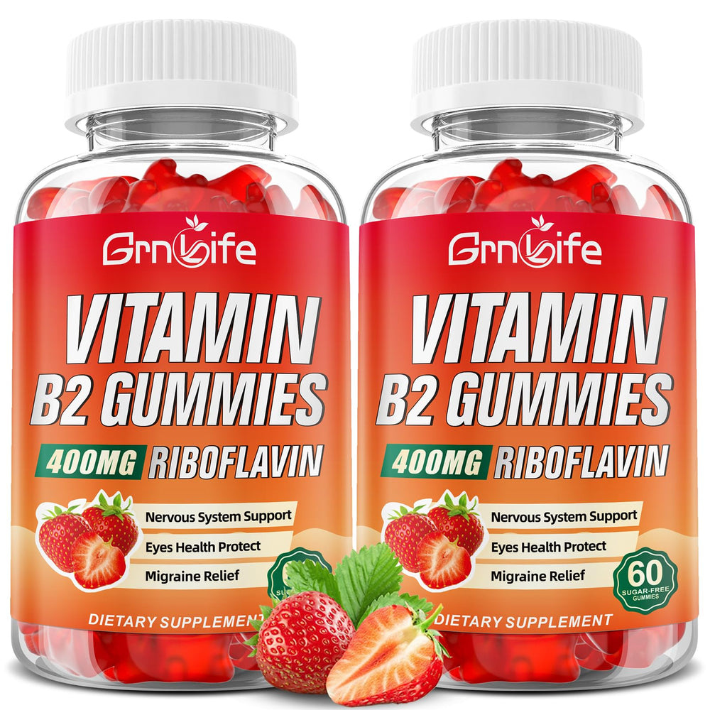 GrnLife B2 Gummies bottle label with riboflavin and strawberry flavor for energy support