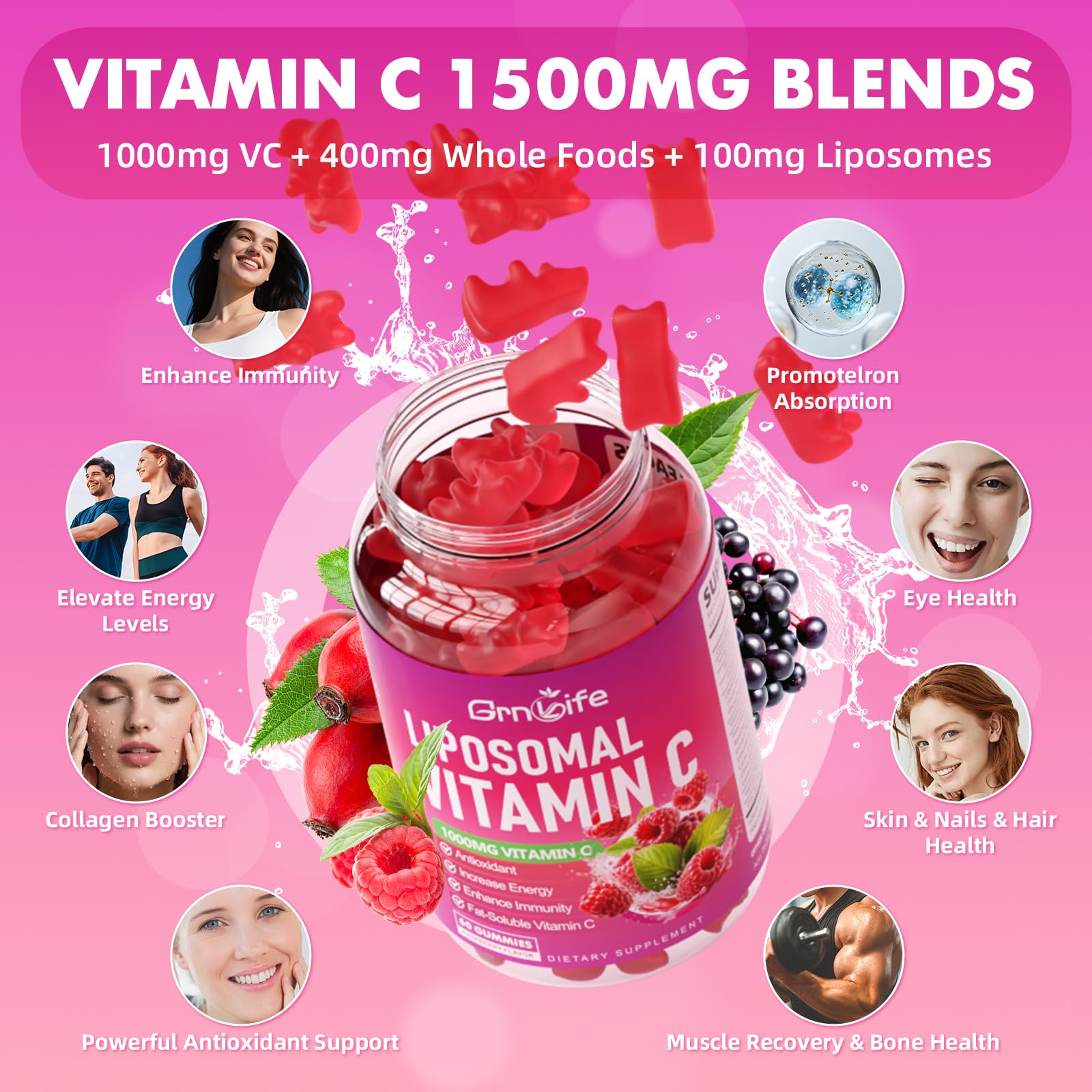GrnLife collagen-support gummies show chewy texture and berry flavor