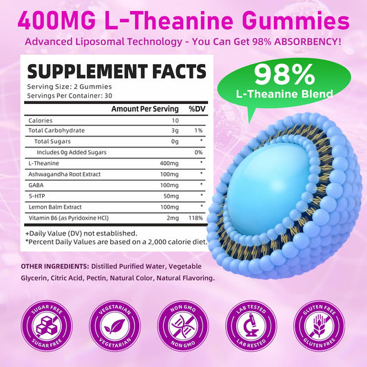 GrnLife L-Theanine gummies raspberry bottle back shows nutrition and serving details.