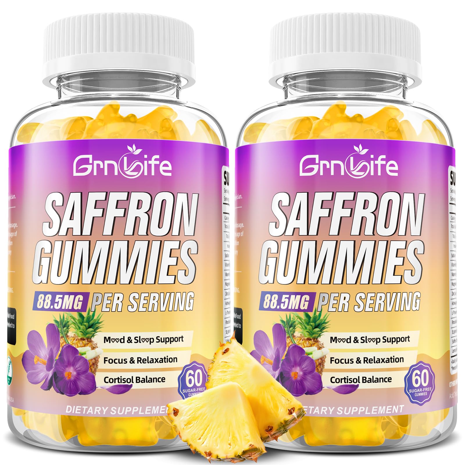 GrnLife saffron gummies bottle showing convenient daily support for focus and calm