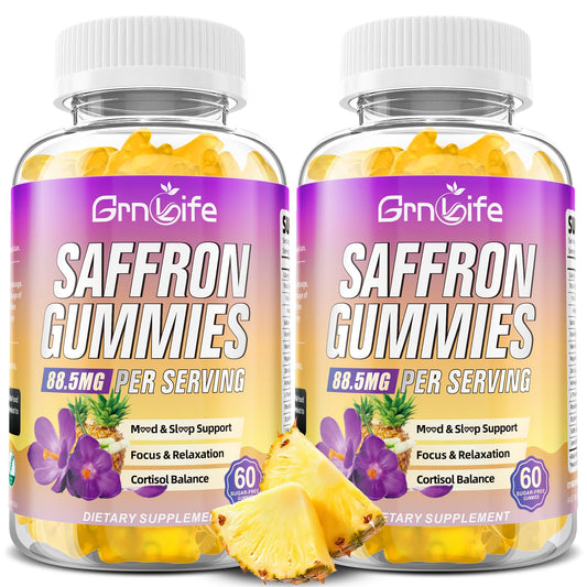 GrnLife saffron gummies bottle showing convenient daily support for focus and calm