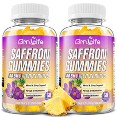 GrnLife saffron gummies bottle showing convenient daily support for focus and calm