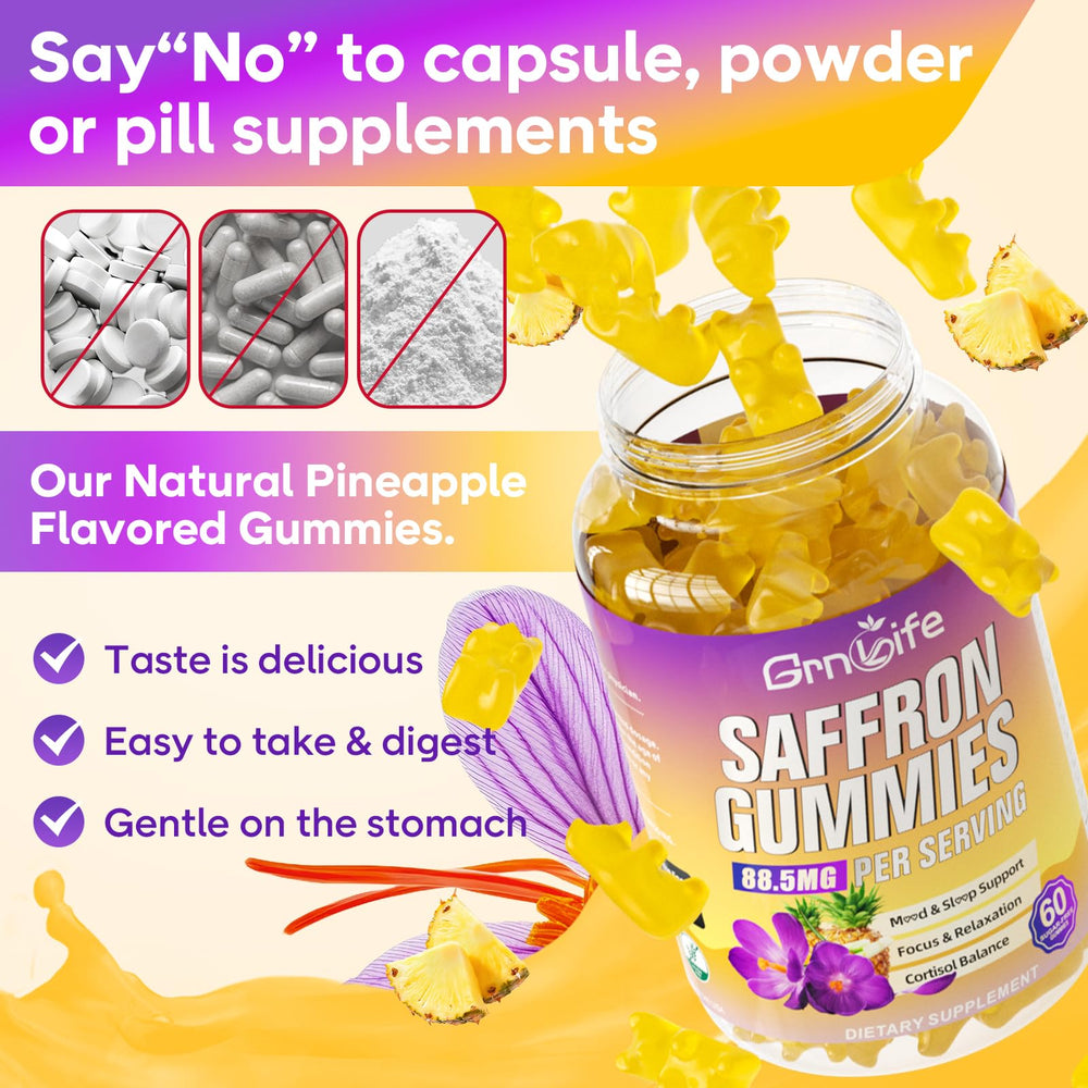 GrnLife saffron gummies nutrition label highlighting vitamins and minerals
