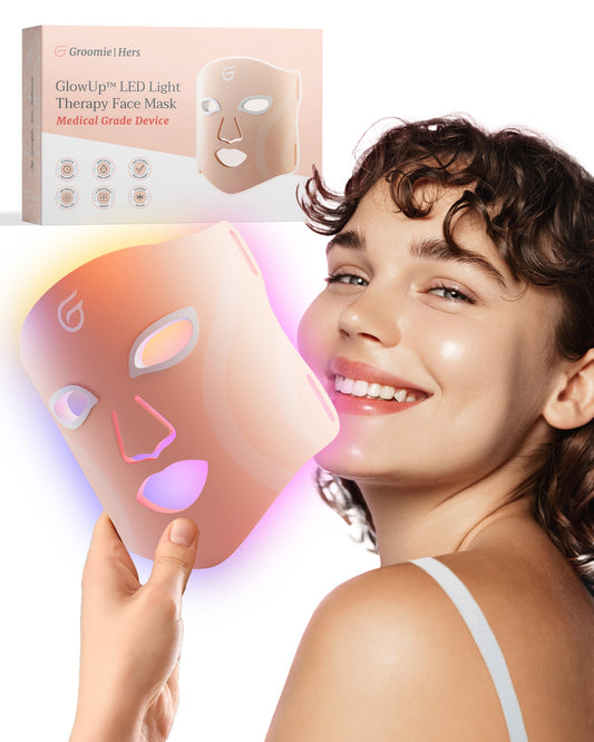 Groomie GlowUp LED mask in red mode for targeted skin enhancement