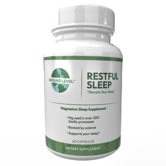 Ground Level Restful Sleep Formula bottle on a nightstand supports a calming bedtime routine.