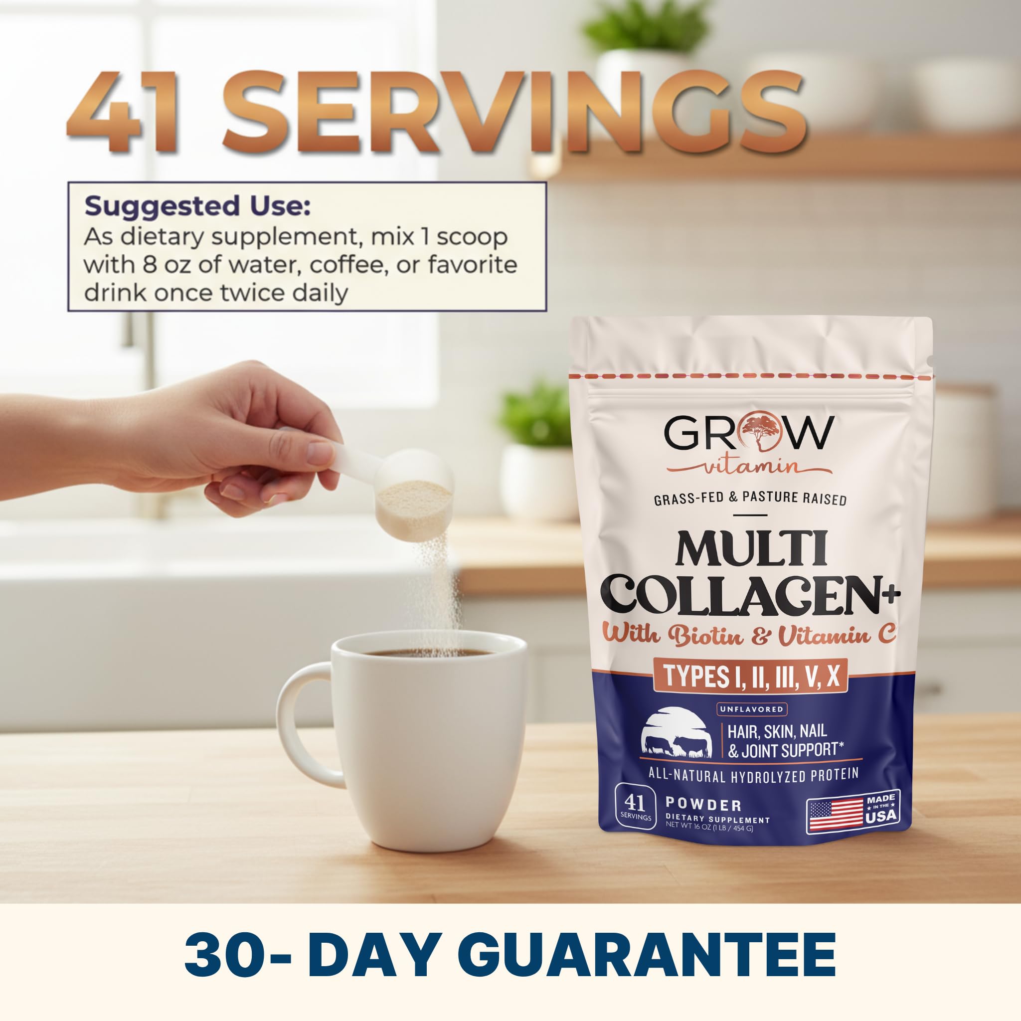 Grow Vitamin label highlights biotin and vitamin C, supporting beauty-focused nutrition.