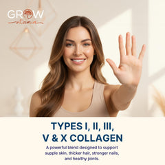 Grow Vitamin hydrolyzed collagen peptides close-up, showcasing refined texture for smooth blends.