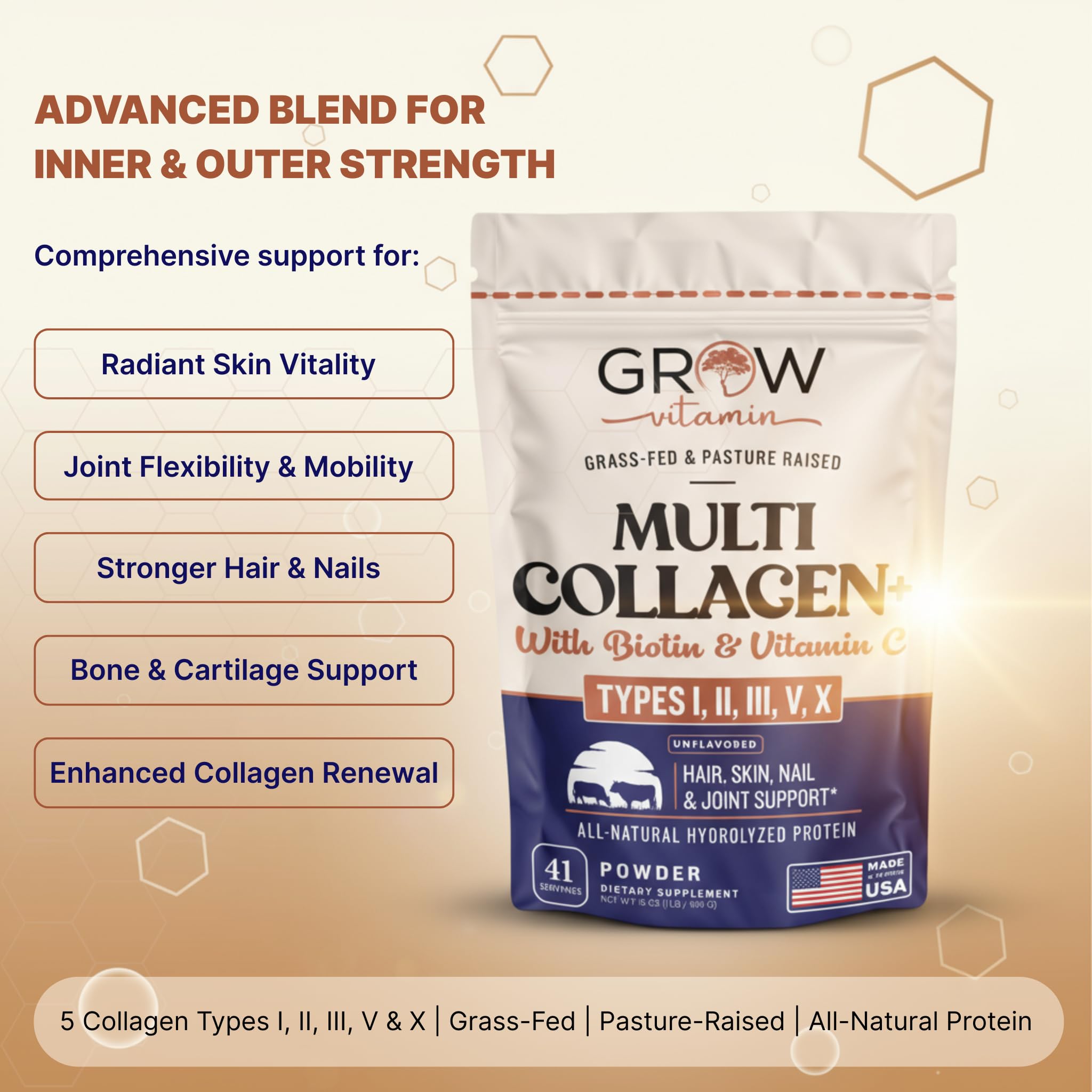 Grow Vitamin collagen bottle on kitchen counter, keto-friendly option for daily use.