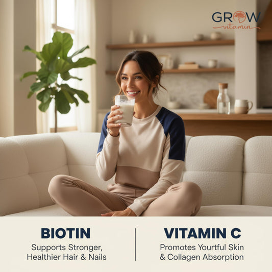 Grow Vitamin collagen powder with spoon close-up, ideal for easy mixing into beverages.