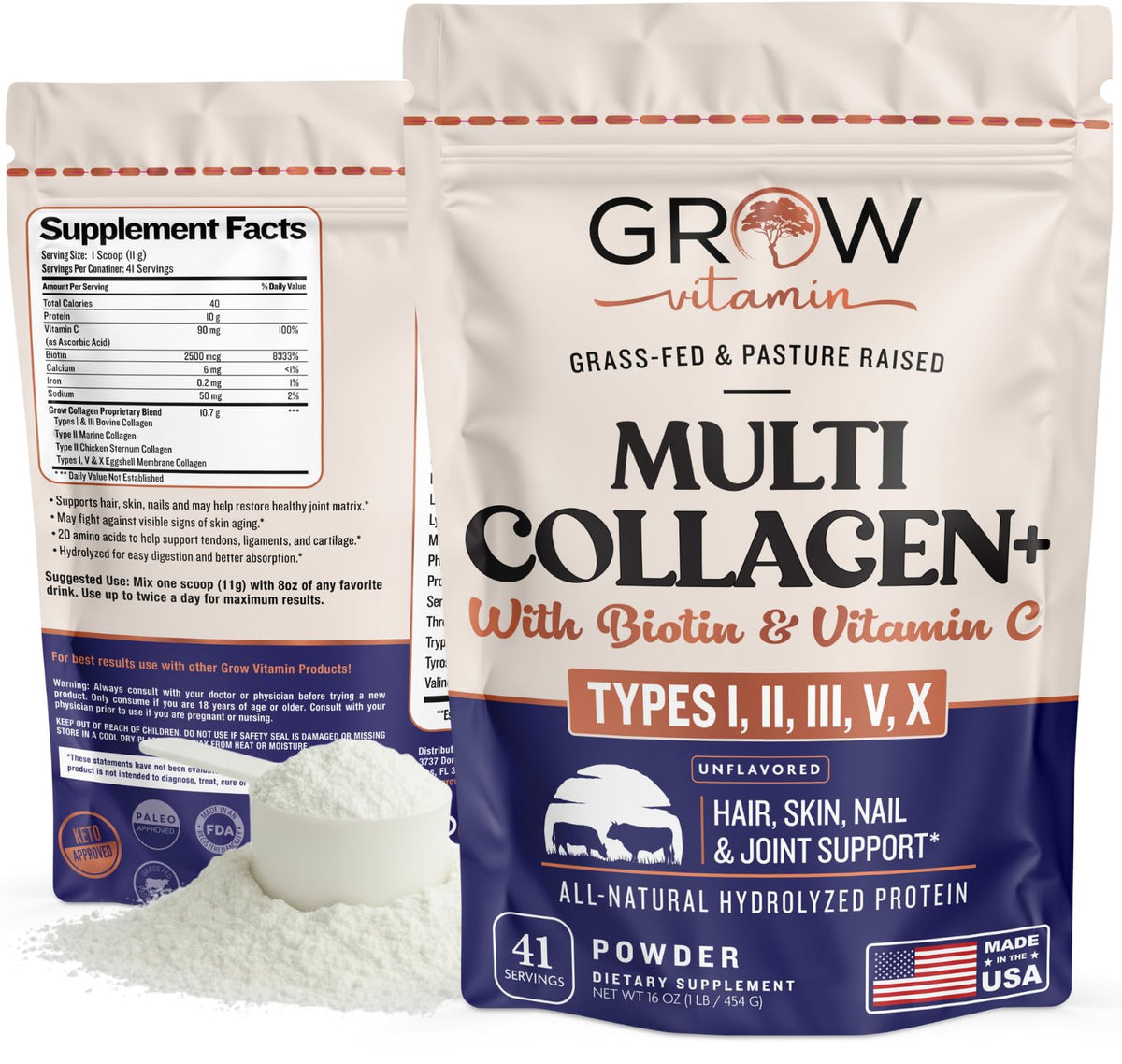 Grow Vitamin collagen powder tub front showing premium formula for daily beauty support.
