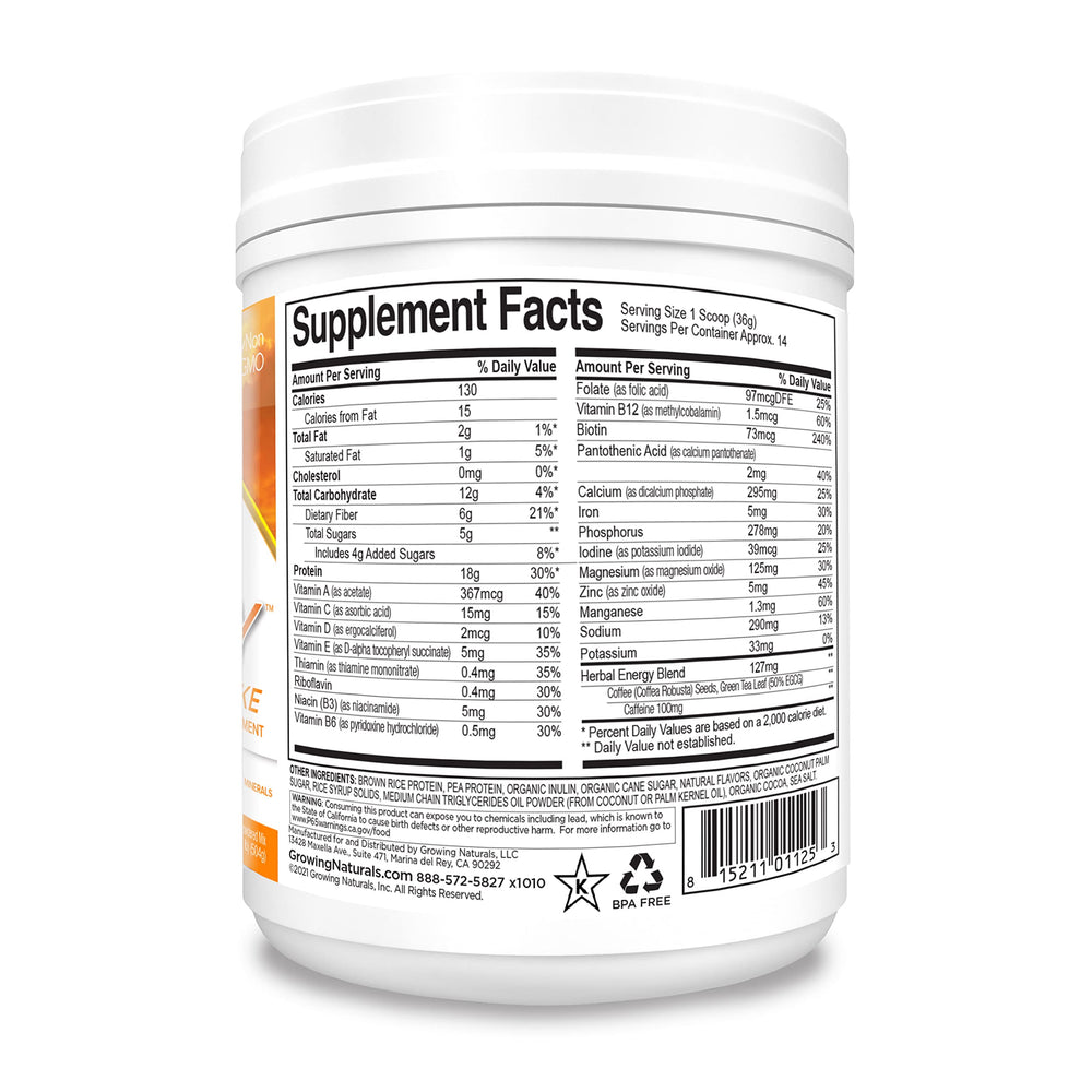 Growing Naturals One and Done SuperShake ingredients panel highlights high fiber