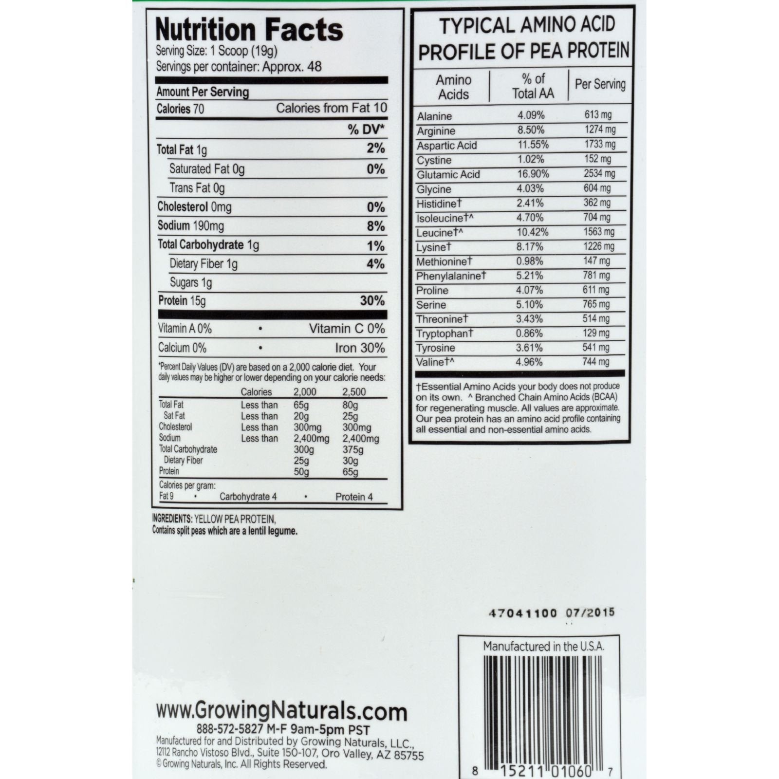 Growing Naturals pea protein original powder with scoop emphasizes gluten-free, vegan protein for smoothies.