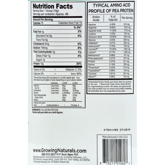 Growing Naturals pea protein original powder with scoop emphasizes gluten-free, vegan protein for smoothies.