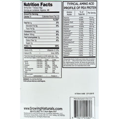 Growing Naturals pea protein original powder with scoop emphasizes gluten-free, vegan protein for smoothies.