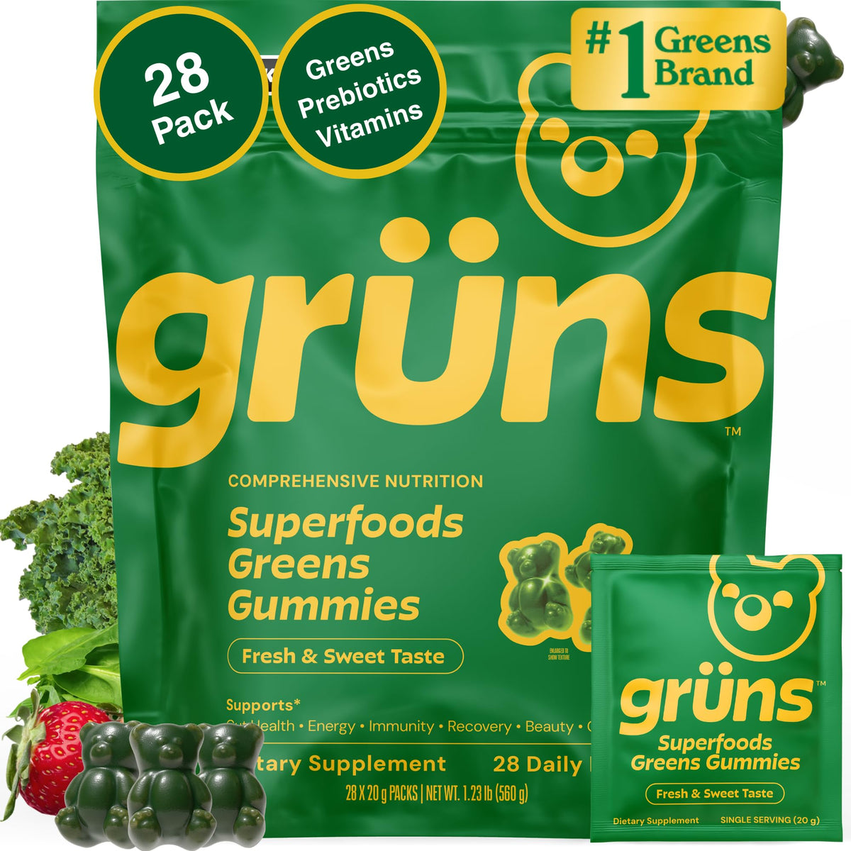 Grüns Adult Super Greens Gummies bottle front for convenient daily wellness support.