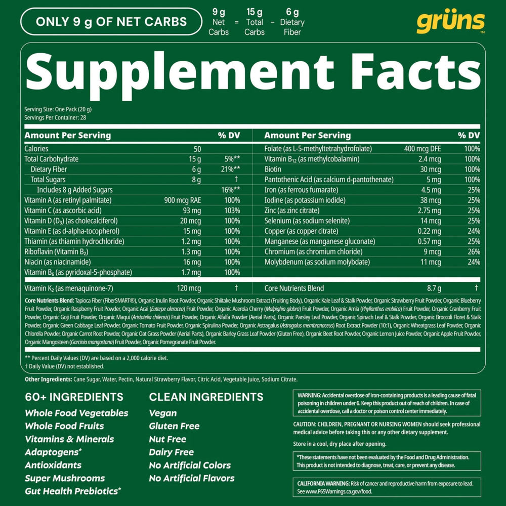Grüns packaging shot emphasizes a 28-count bottle option.