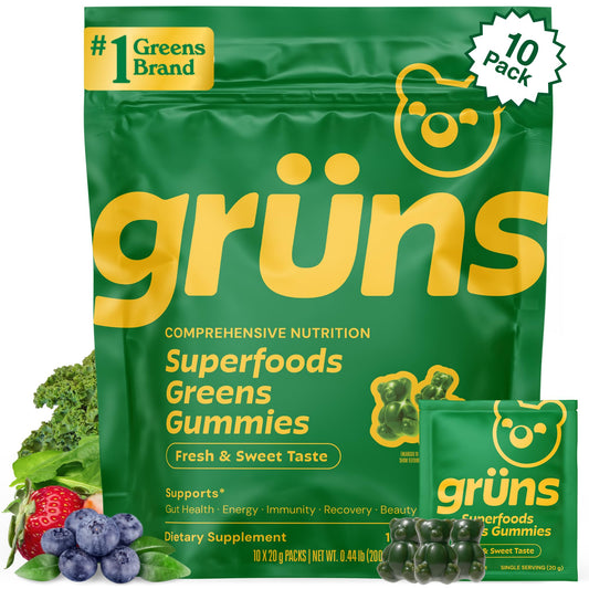 Grüns gummies bottle front – supports daily wellness with convenient nutrition.