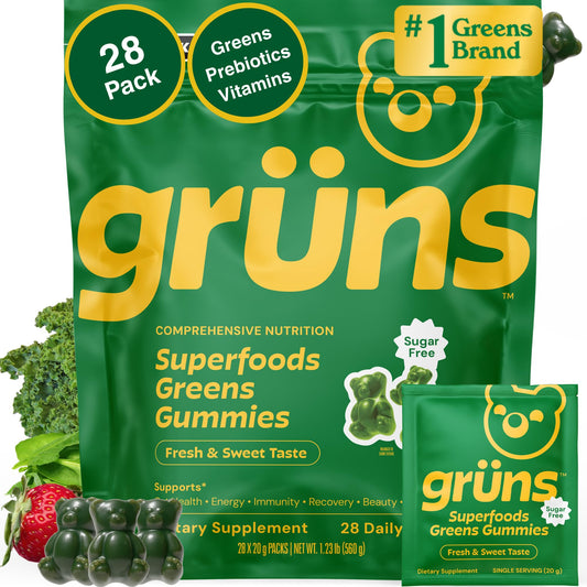 Grüns bottle with gummies showing convenient daily nutrition for adults