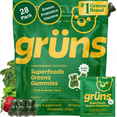 Grüns bottle with gummies showing convenient daily nutrition for adults