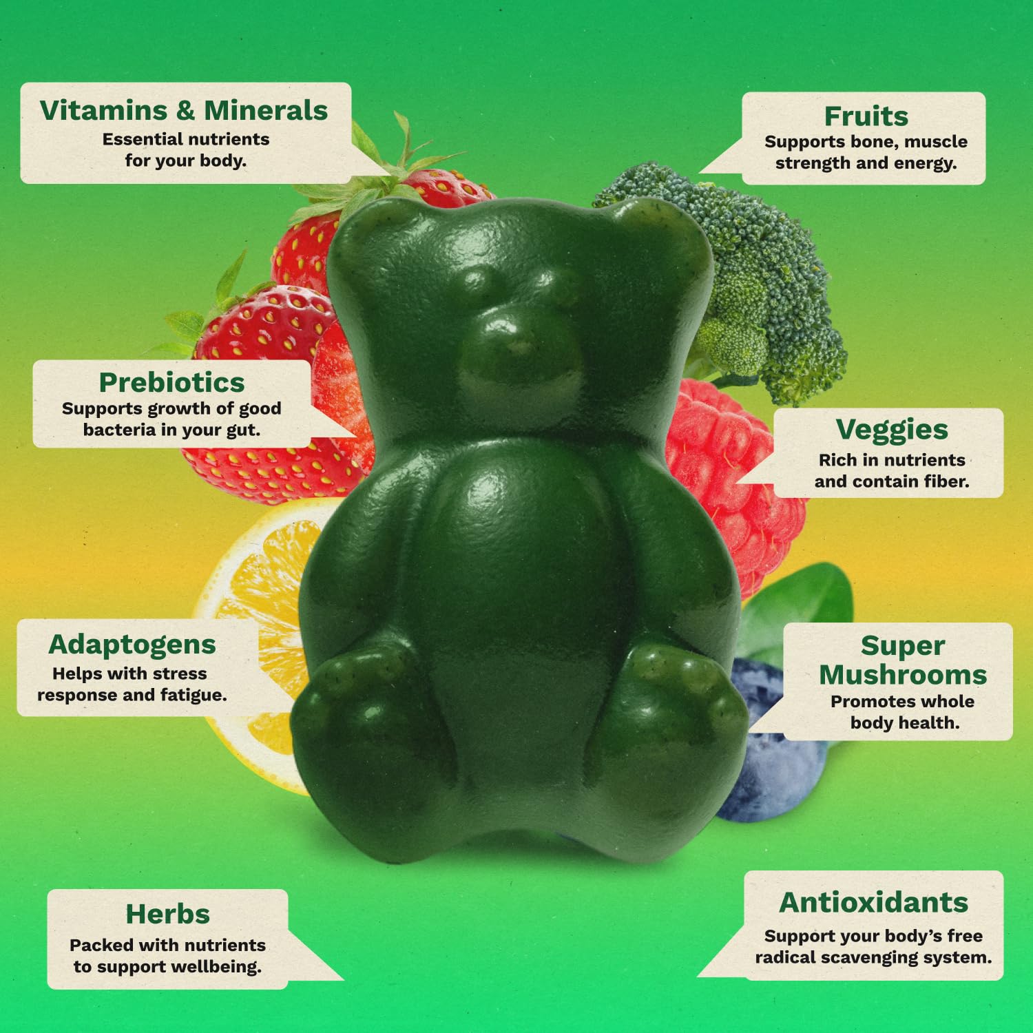 Grüns gummies closeup strawberry-green highlighting tasty flavor and texture for daily supplementation