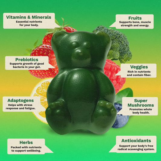 Grüns gummies closeup strawberry-green highlighting tasty flavor and texture for daily supplementation