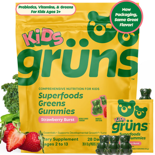 Grüns kids multivitamin bottle for on-the-go nutrition and daily essential vitamins.