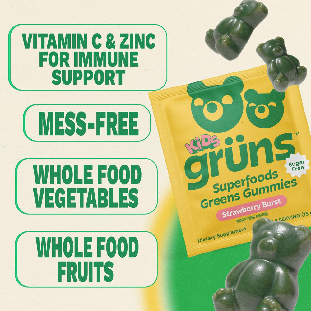 Grüns multivitamin kids gummy texture close up shows chewy strawberry flavor