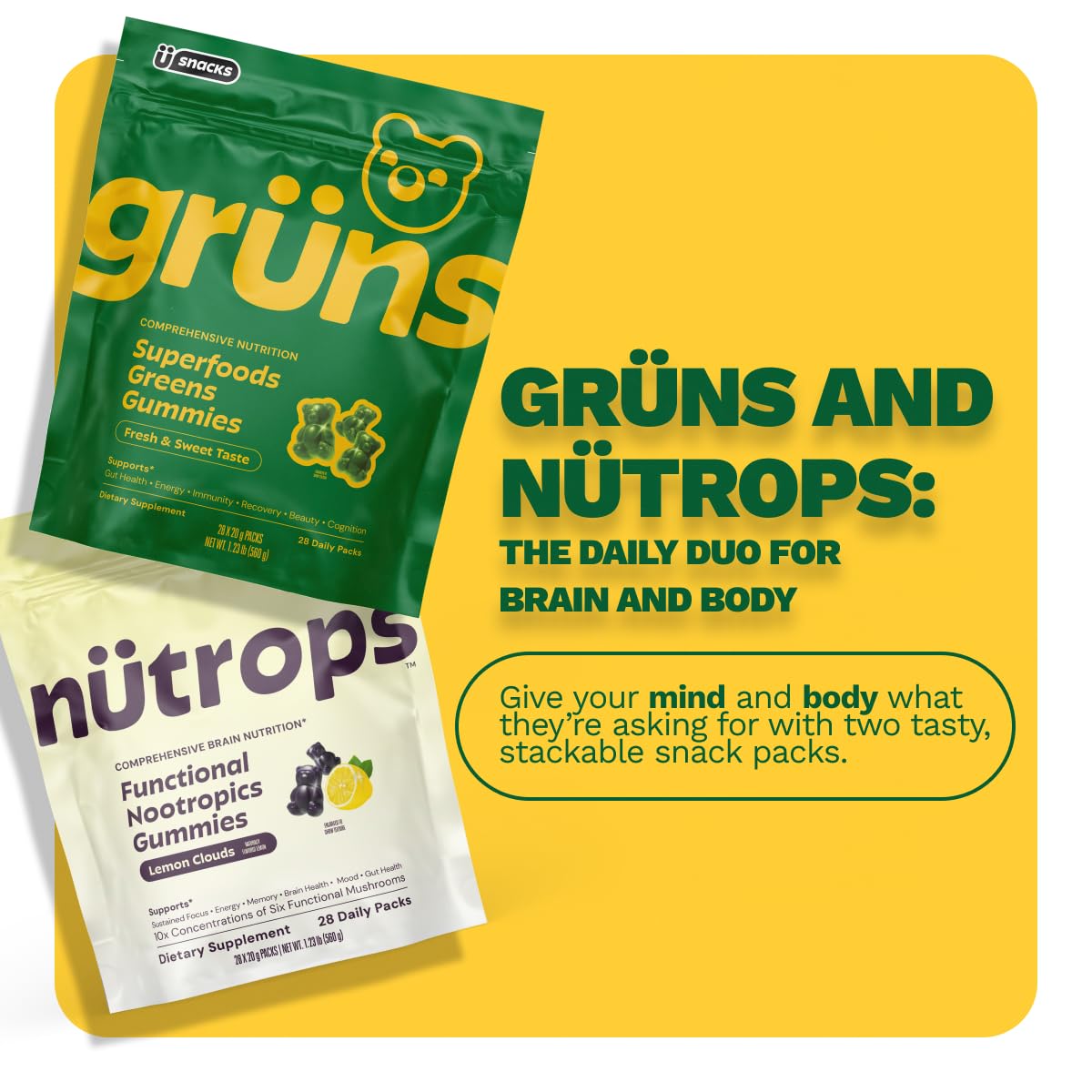 Brand hero shot of Grüns Nutrops invites daily brain boosting moments