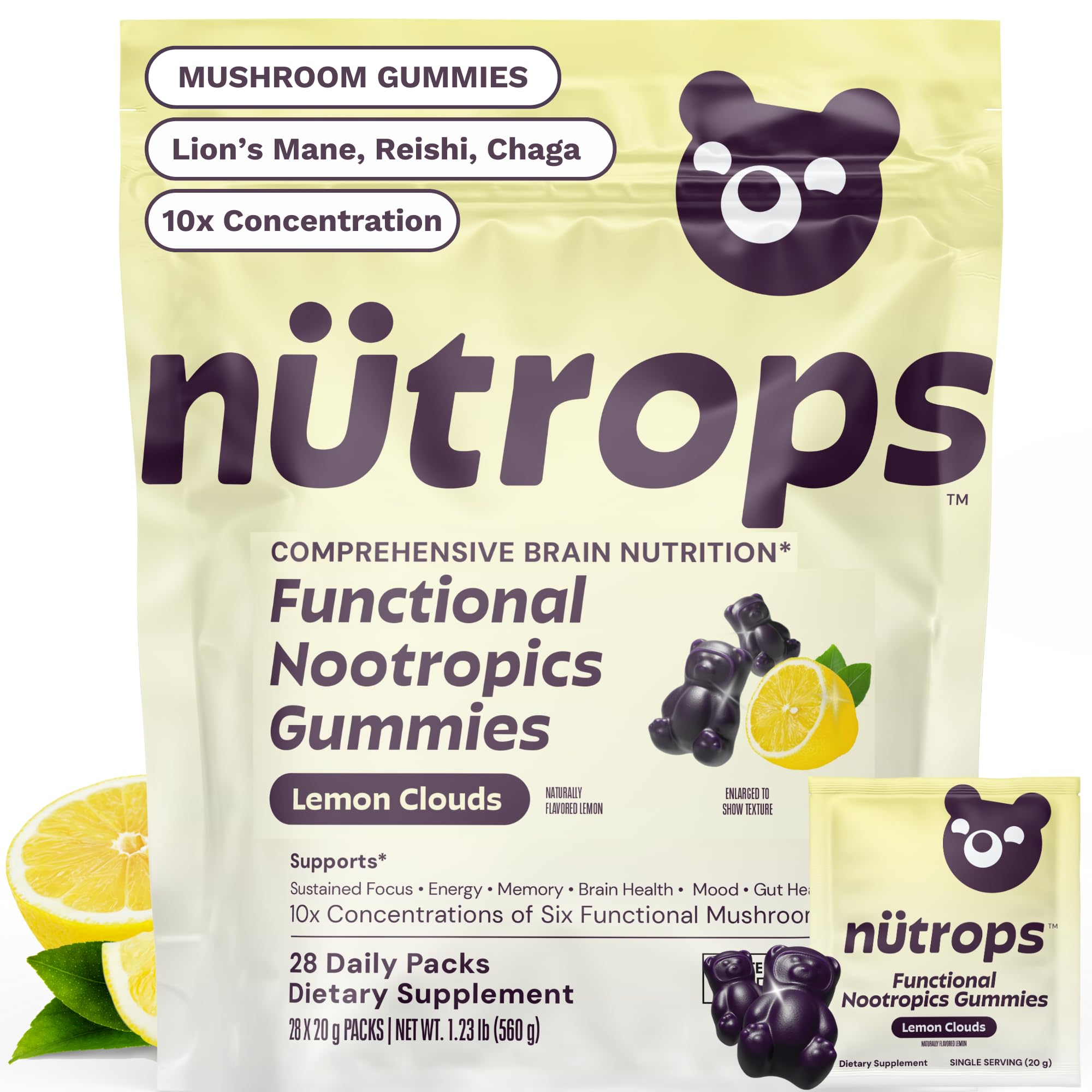 Grüns Nutrops Lions Mane gummies lemon pack support focused energy during work