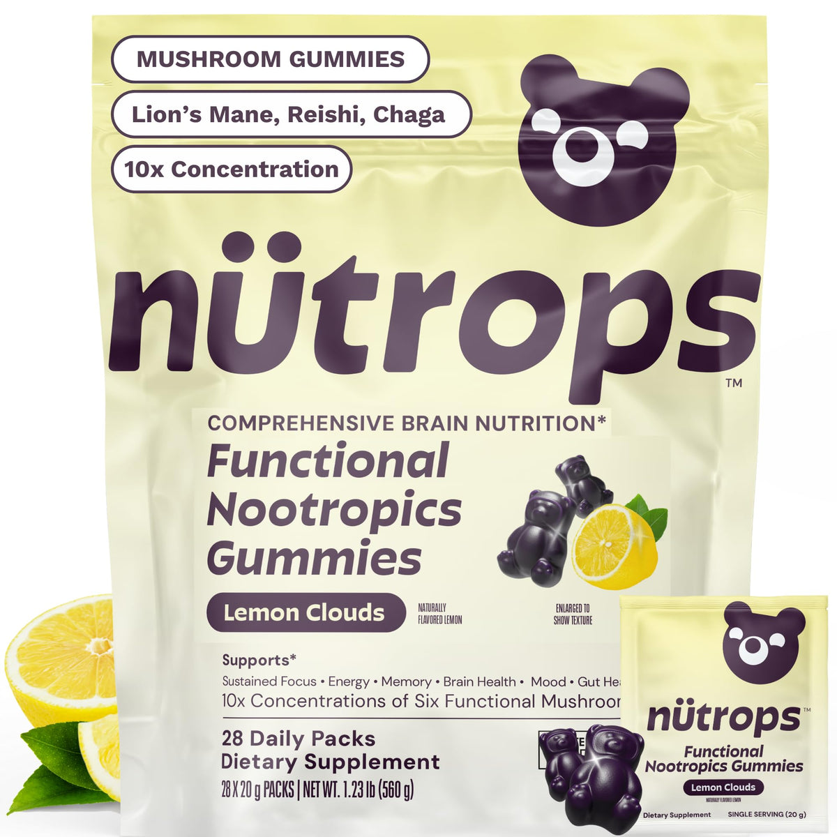 Grüns Nutrops Lions Mane gummies lemon pack support focused energy during work