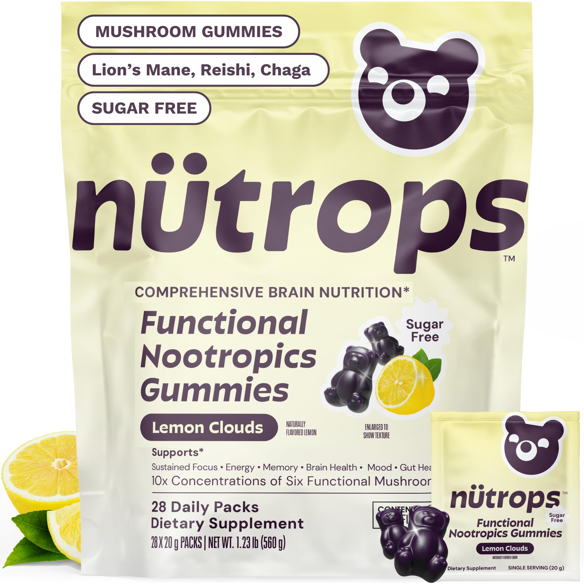 Grüns Nutrops sugar-free lemon gummies bottle for a convenient morning routine