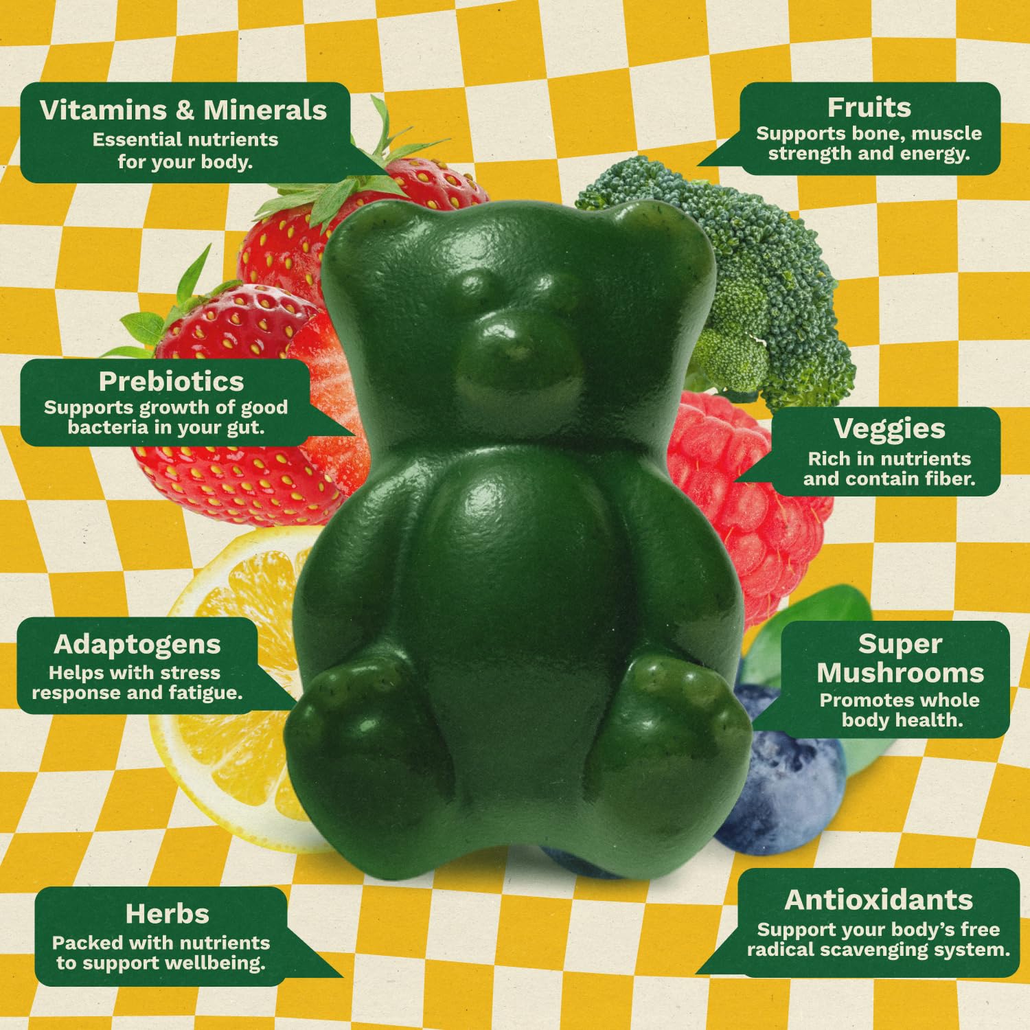 Grüns ingredients scene with spirulina and chlorella for gut-friendly greens.