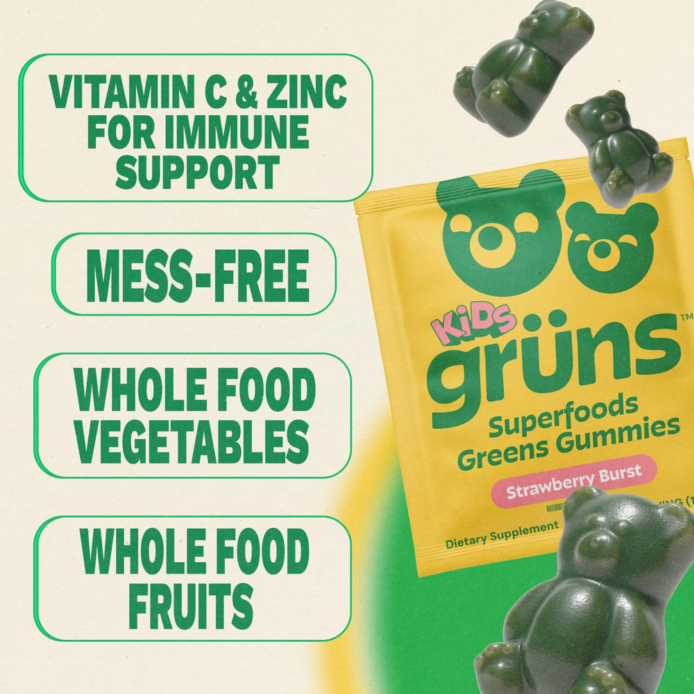 Grüns strawberry-green gummies close-up emphasizes tasty, kid-approved routine.