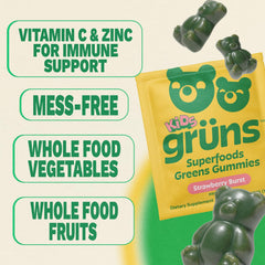 Grüns strawberry-green gummies close-up emphasizes tasty, kid-approved routine.