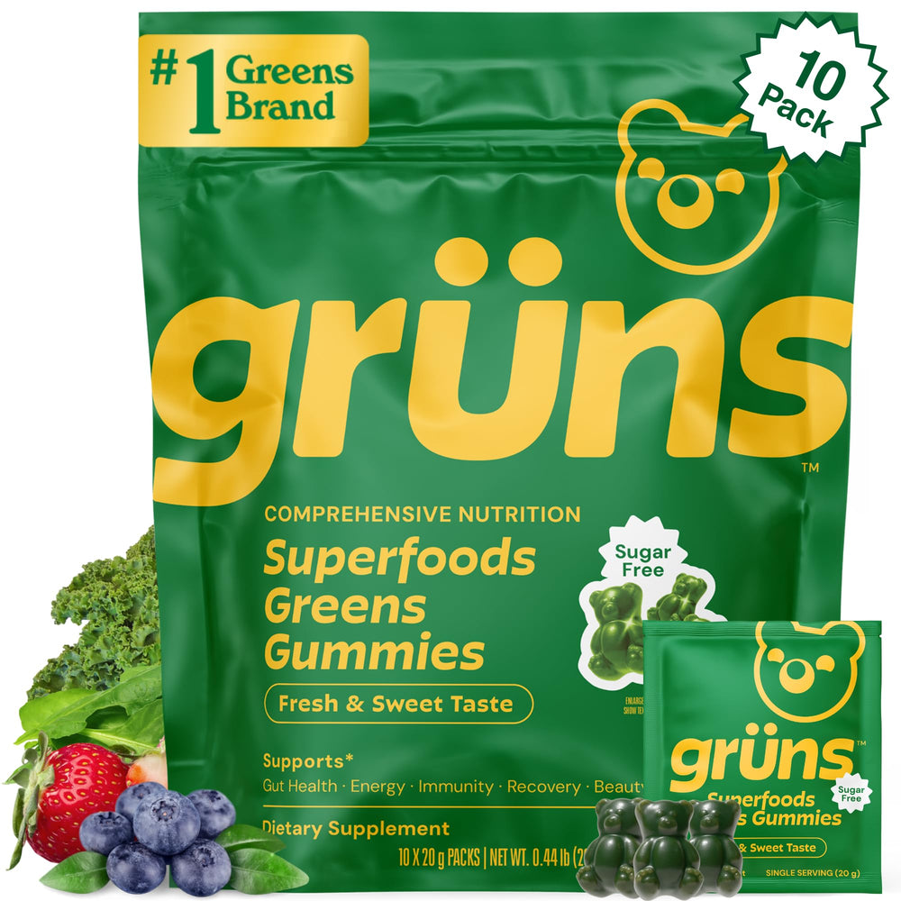 Grüns Sugar-Free Super Greens Gummies bottle on display for daily wellness.