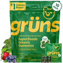 Grüns Sugar-Free Super Greens Gummies bottle on display for daily wellness.