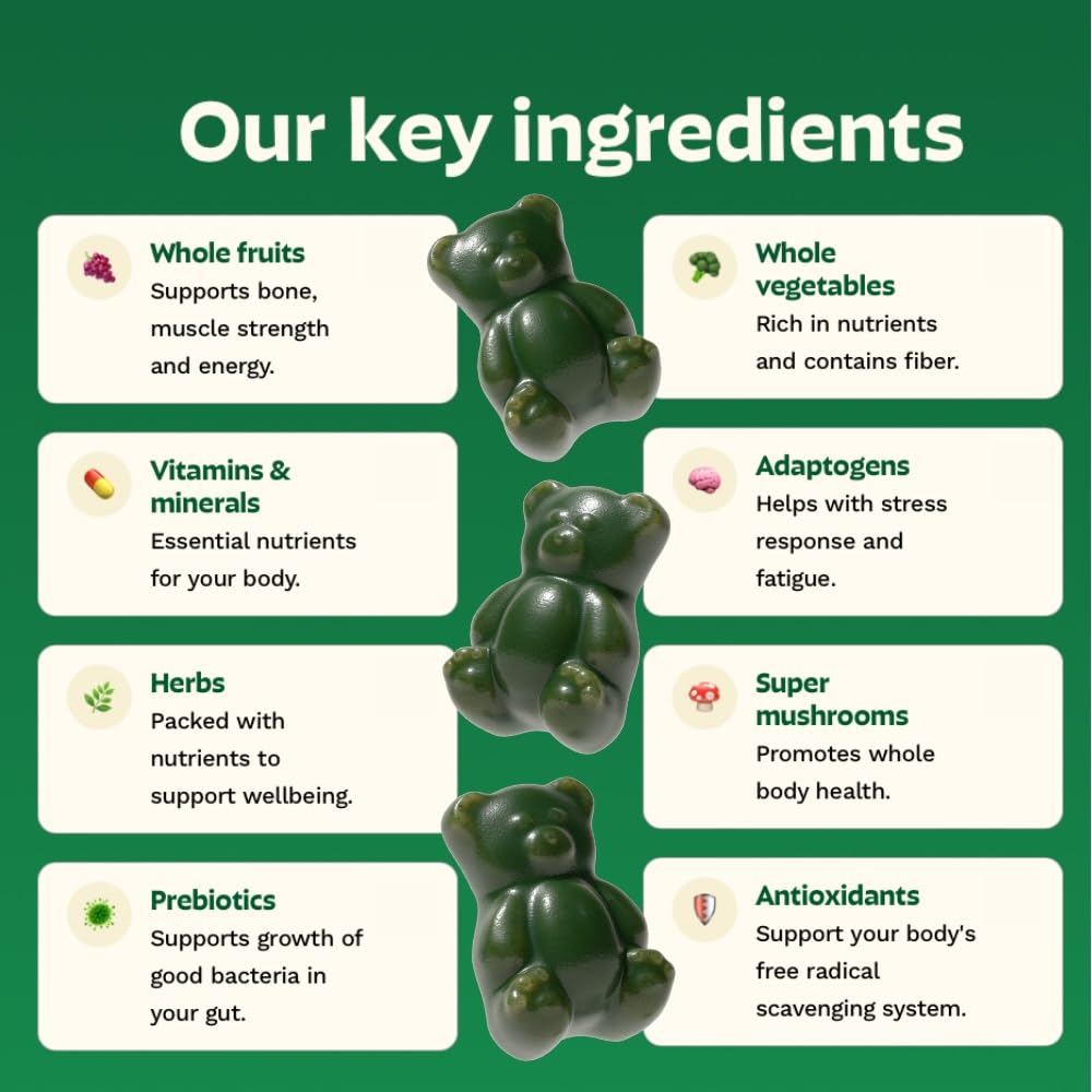 Grüns gummies ingredients panel highlighting organic sources and fiber boost.