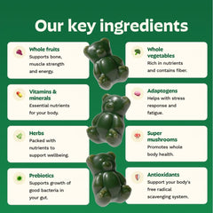 Grüns gummies ingredients panel highlighting organic sources and fiber boost.