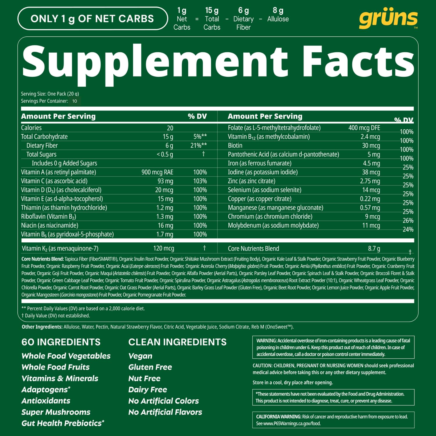 Grüns gummies packaging highlighting vegan, gluten-free, and clean label features.
