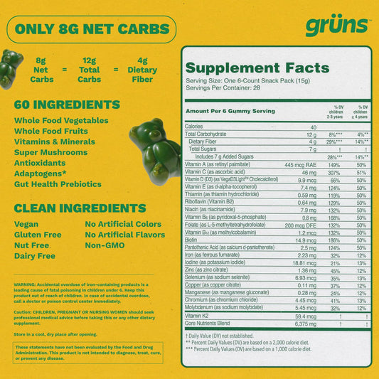 Grüns super greens gummies close-up highlighting kid-friendly flavor and convenience.