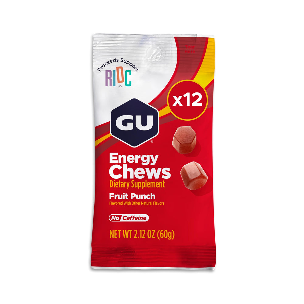 GU Energy Chews Fruit Punch packaging for on-the-go fueling during workouts.