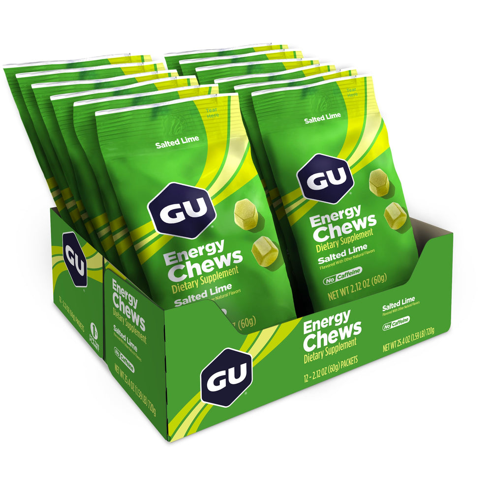 Close-up of GU Energy Chews Salted Lime showing chewy texture and tangy lime flavor.
